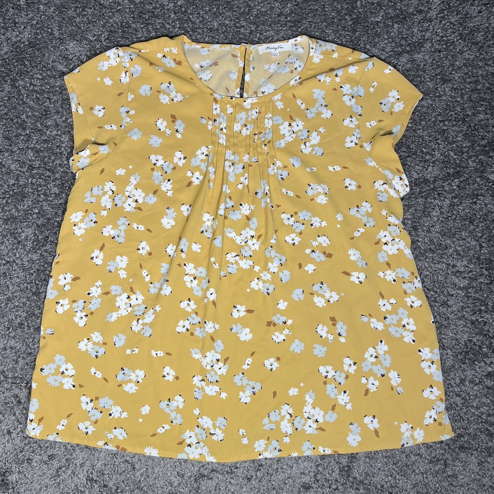 Monday Fun Women Yellow Short Sleeve Blouse L‎ Floral Pleated Top